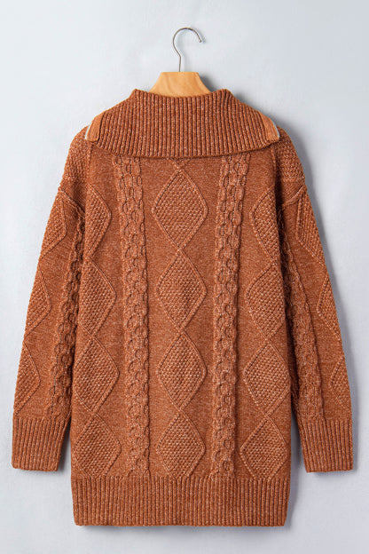 Solid Cable Knit Zip-Up Collar Long Sleeve Sweater Dress
