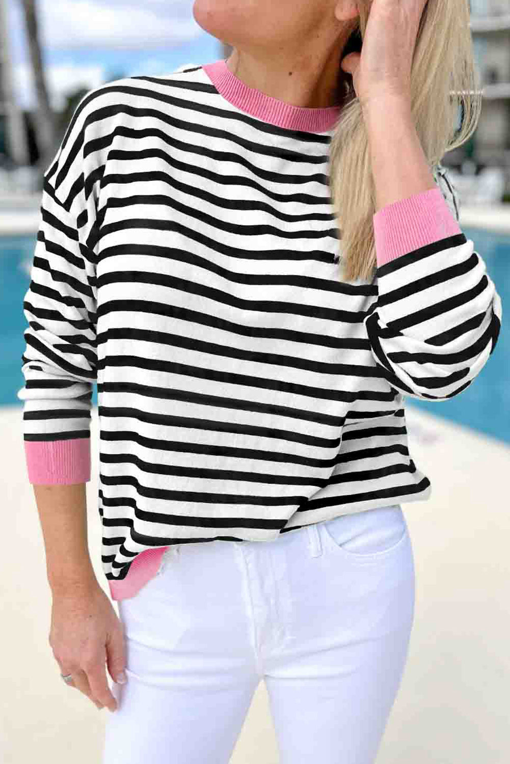 Stripe Contrast Edge Long Sleeve Top