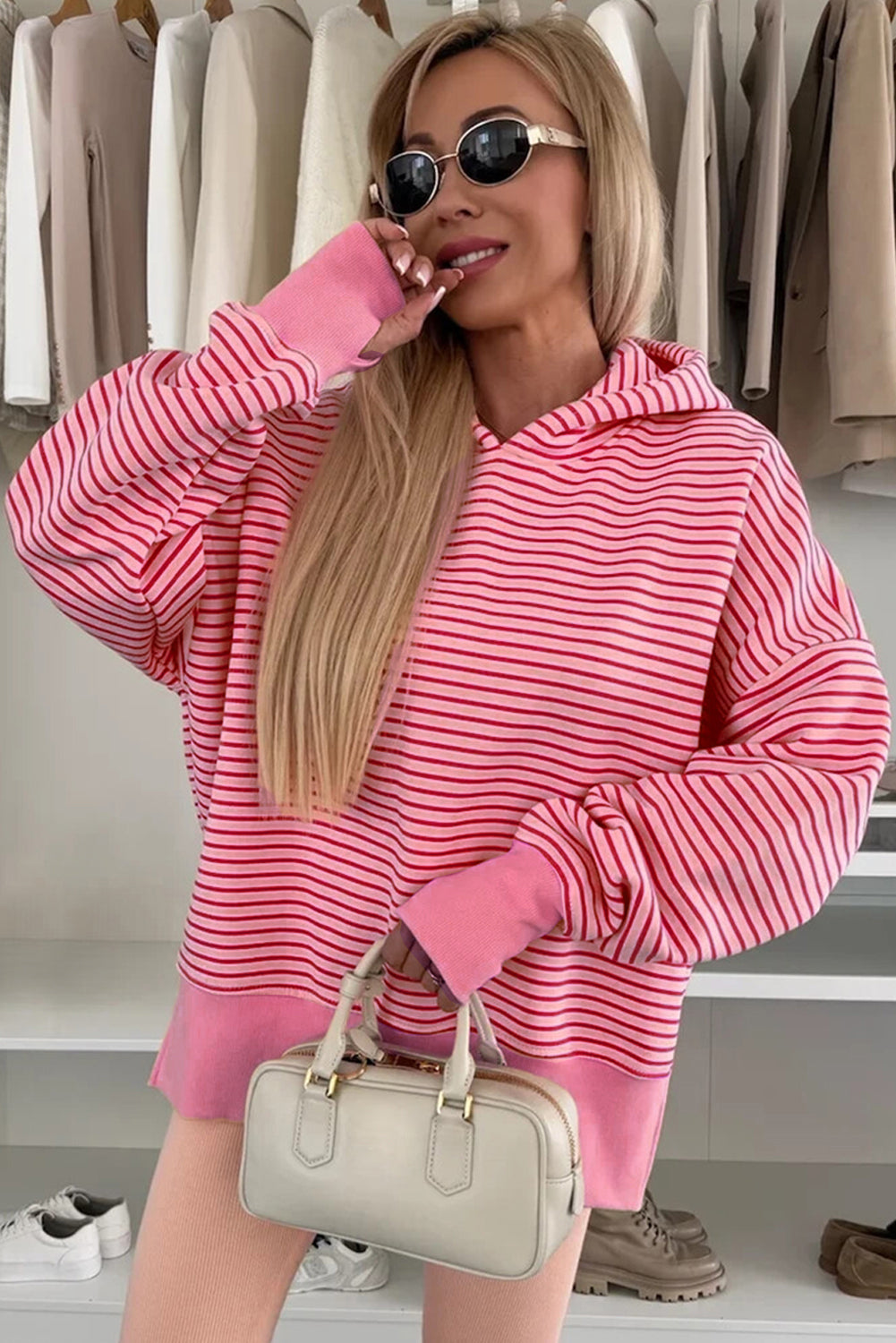 Stripe Thumbhole Drop Shoulder Sleeve Hoodie