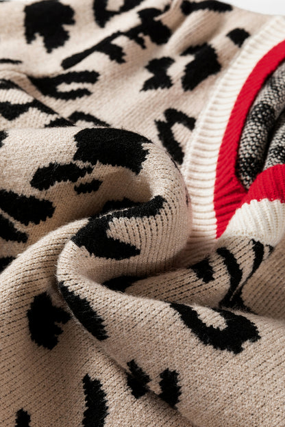Leopard Contrast Stripe Ribbed Knit V-Neck Sweater