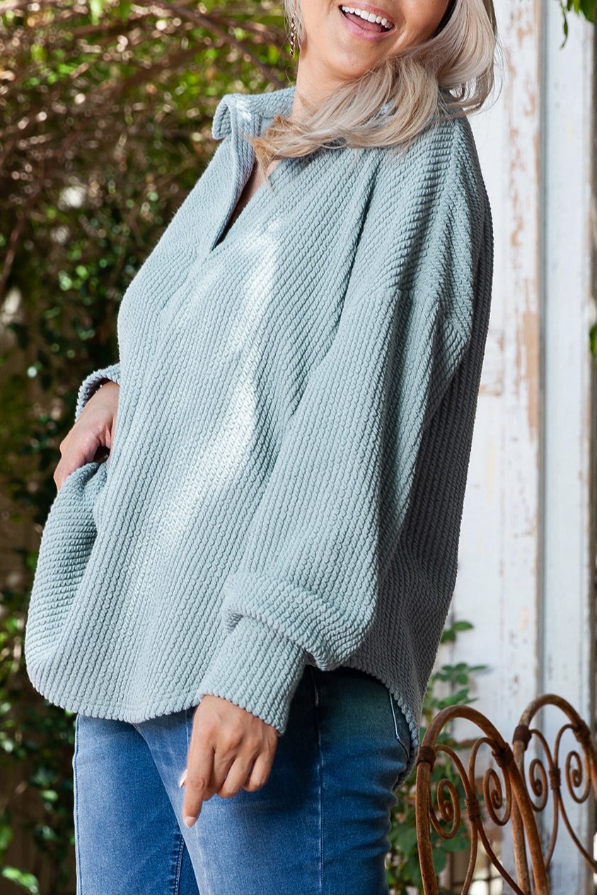 Textured Collared V-Neck Top Plus Size