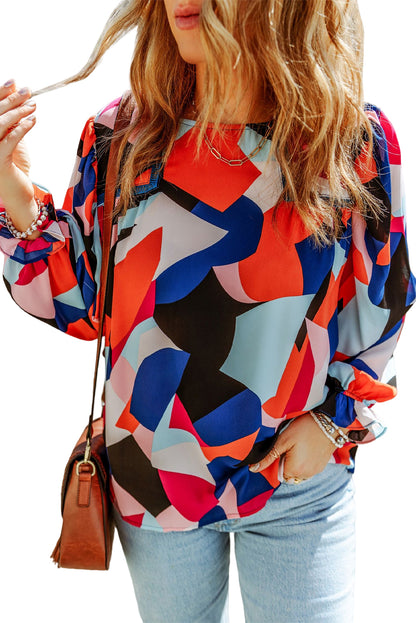 Abstract Ruffle Puff Sleeve Blouse