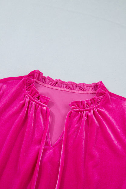 Solid Velvet V-Neck Ruffle Cuff Long Sleeve Top