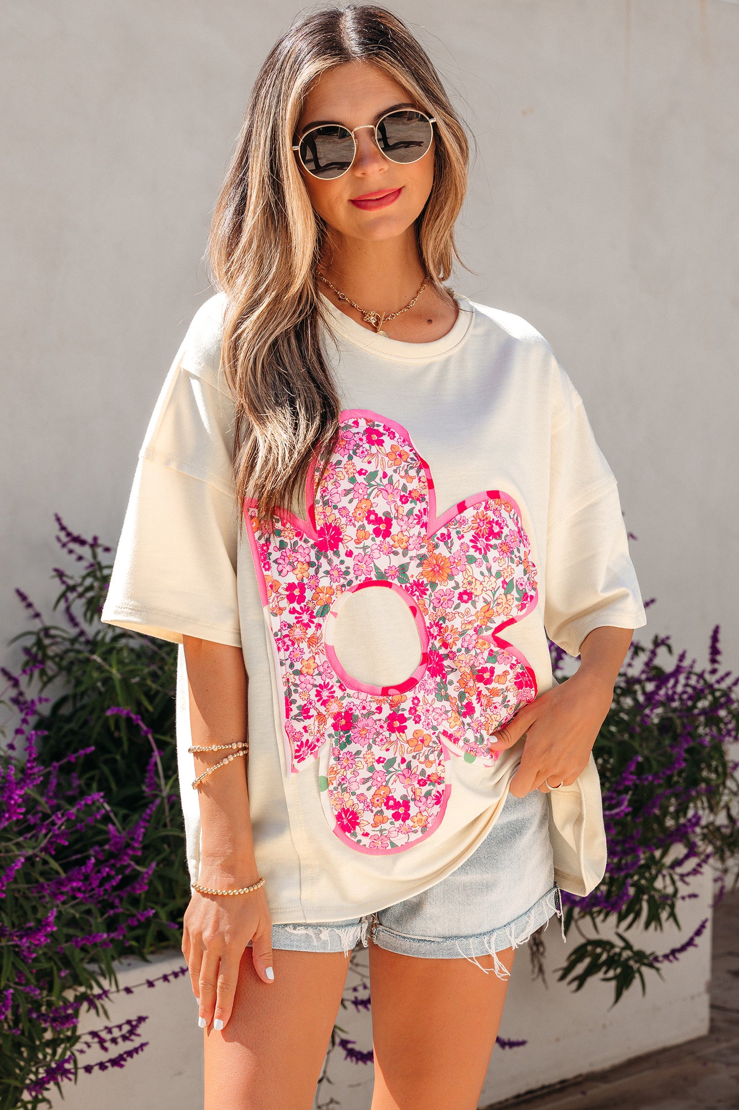 Floral Patchwork Raw Seam Oversize Tee