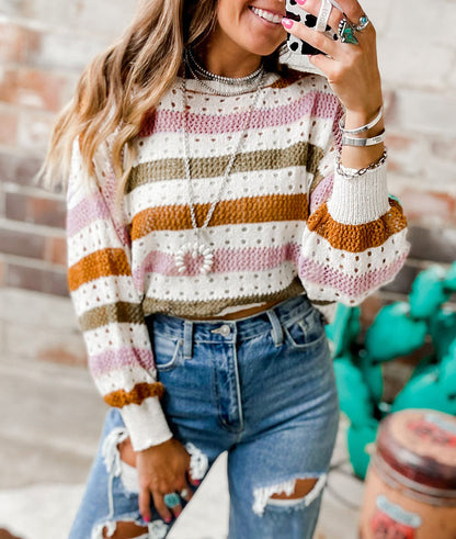 Stripe Hollowed Knit Crewneck Sweater