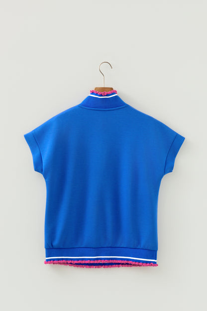 Contrast Frilled Trim Buttoned Collar Short Sleeve Top