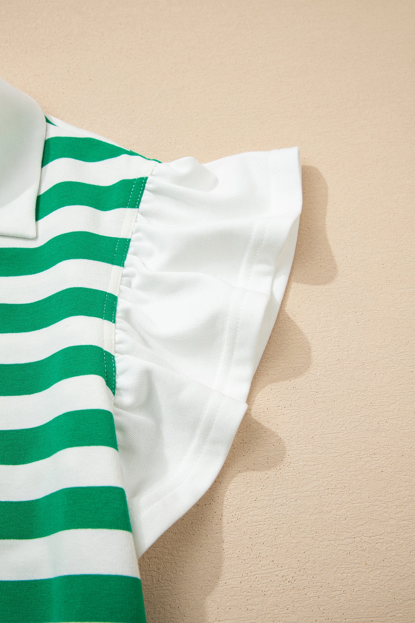 Stripe Collared V-Neck Ruffle Short Sleeve Blouse