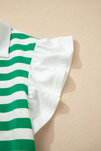 Stripe Collared V-Neck Ruffle Short Sleeve Blouse