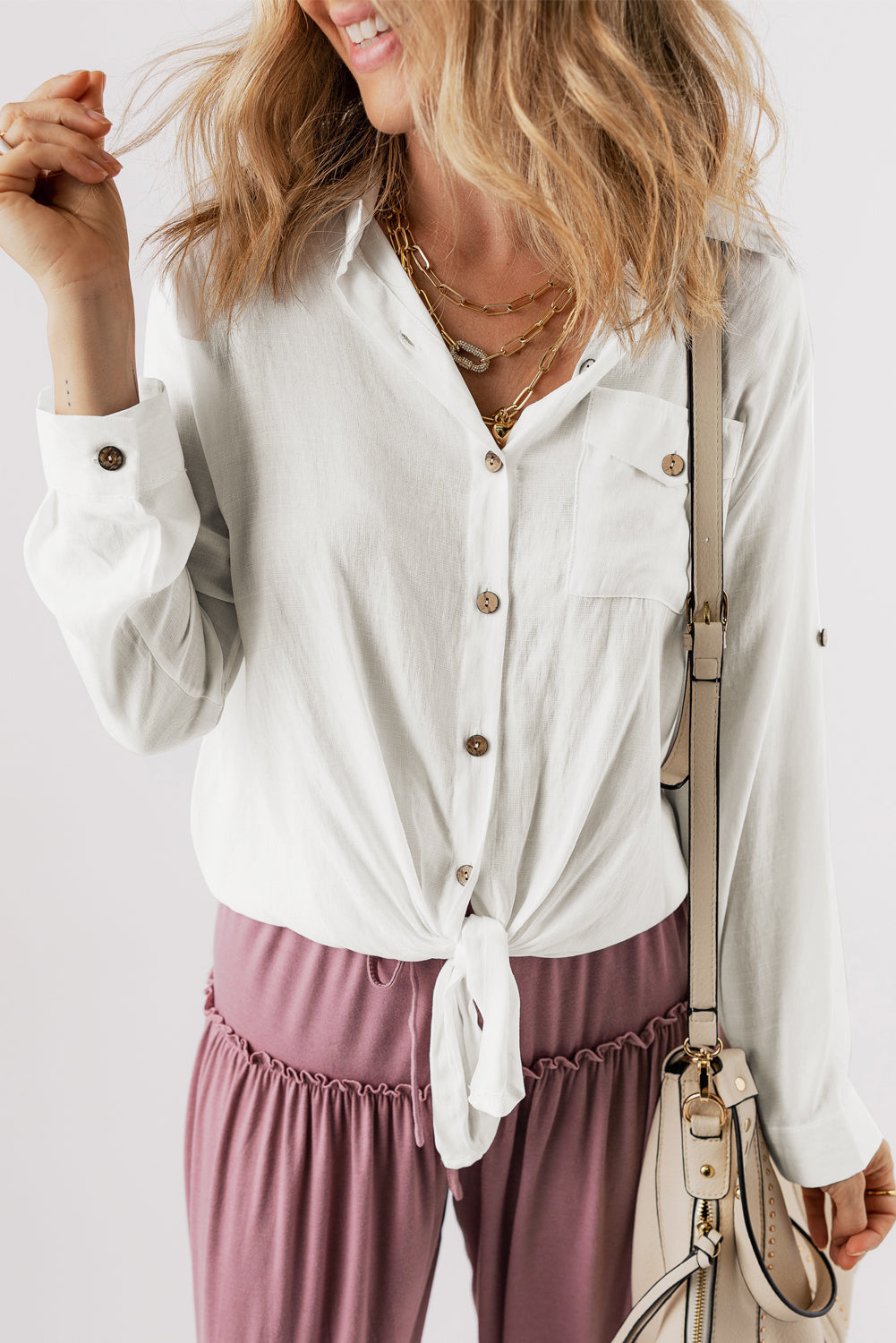 Tie Front Long Sleeve Buttoned Shirt