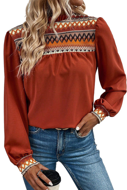 Western Geometric Frilled Neck Blouse