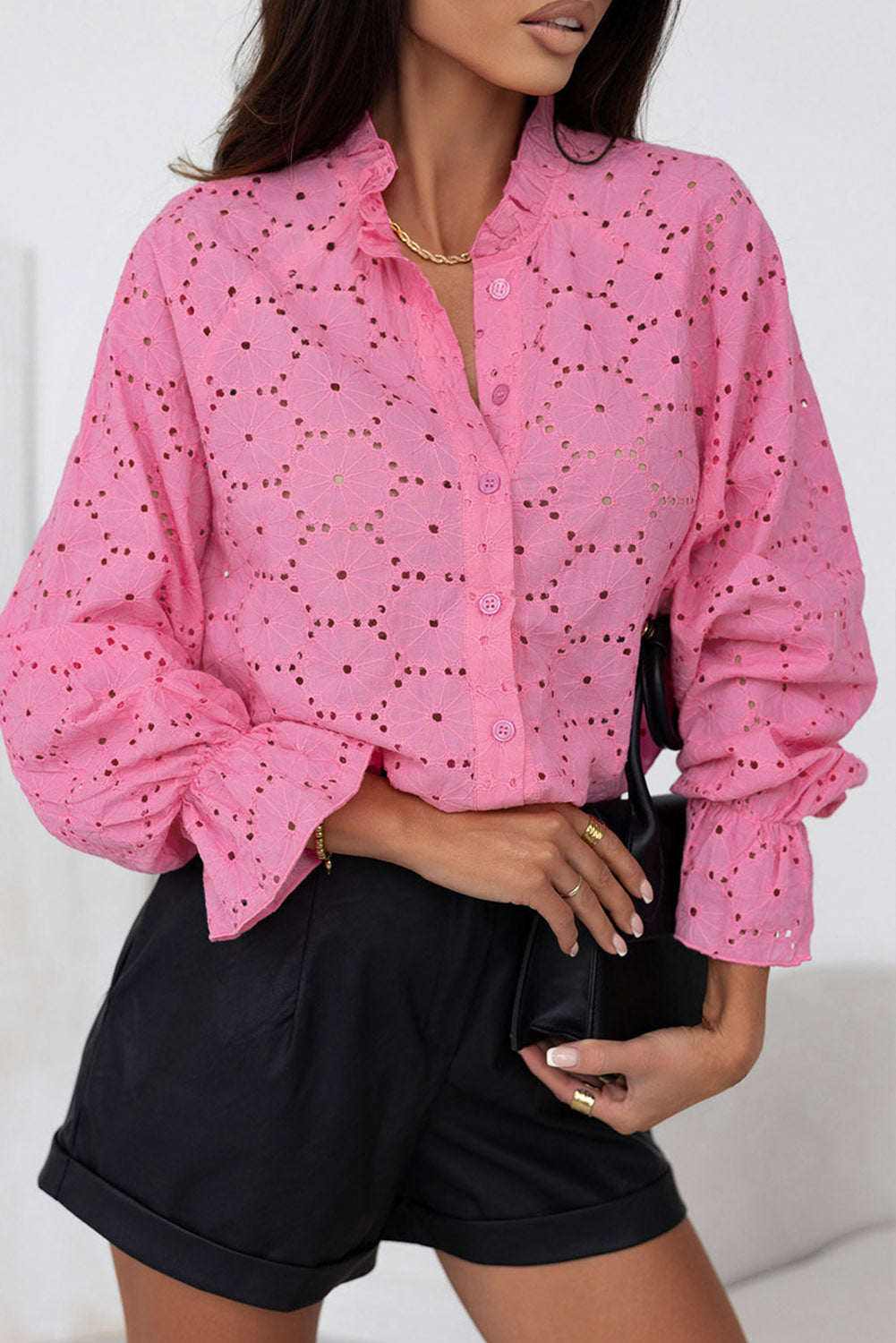 Floral Hollowed Eyelet Buttoned Shirt