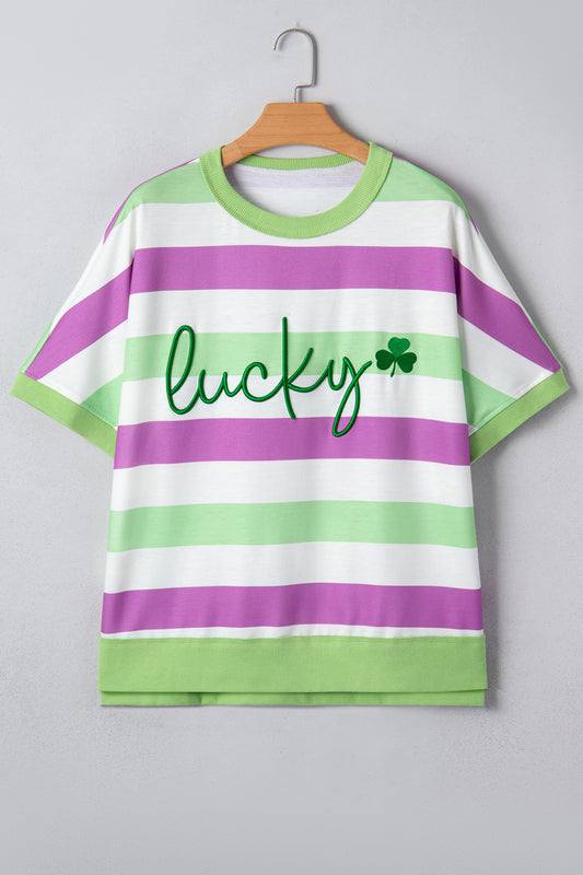 Stripe Lucky Clover Embroidered Dolman Sleeve Tee