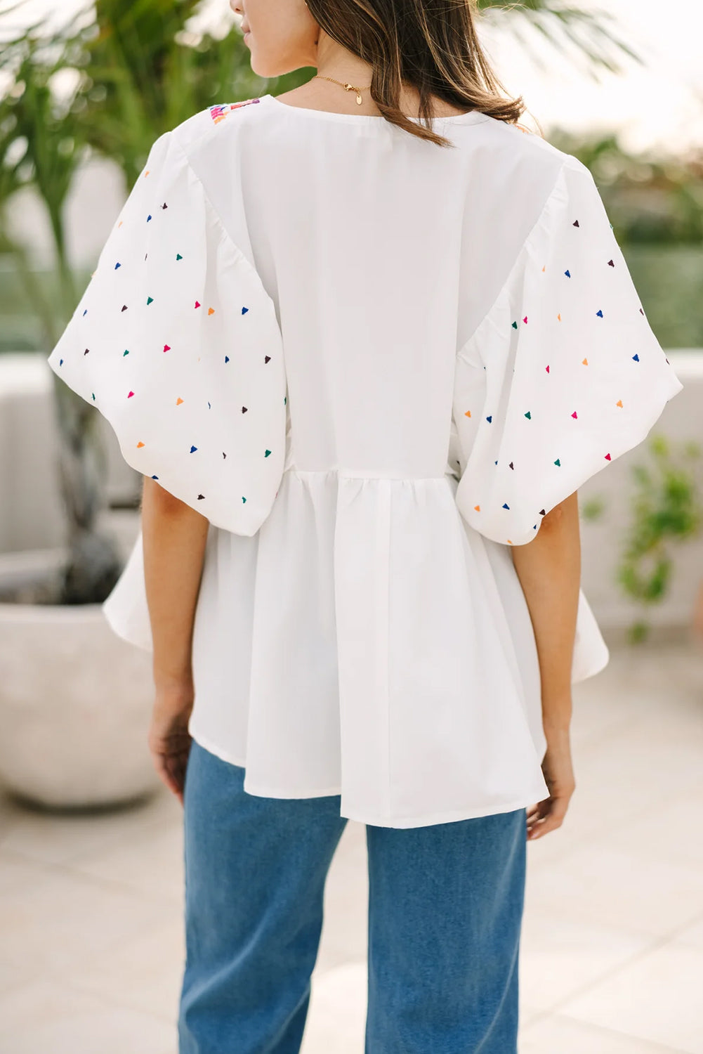 Geometric Puff Sleeve V-Neck Blouse