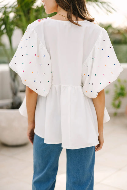 Geometric Puff Sleeve V-Neck Blouse