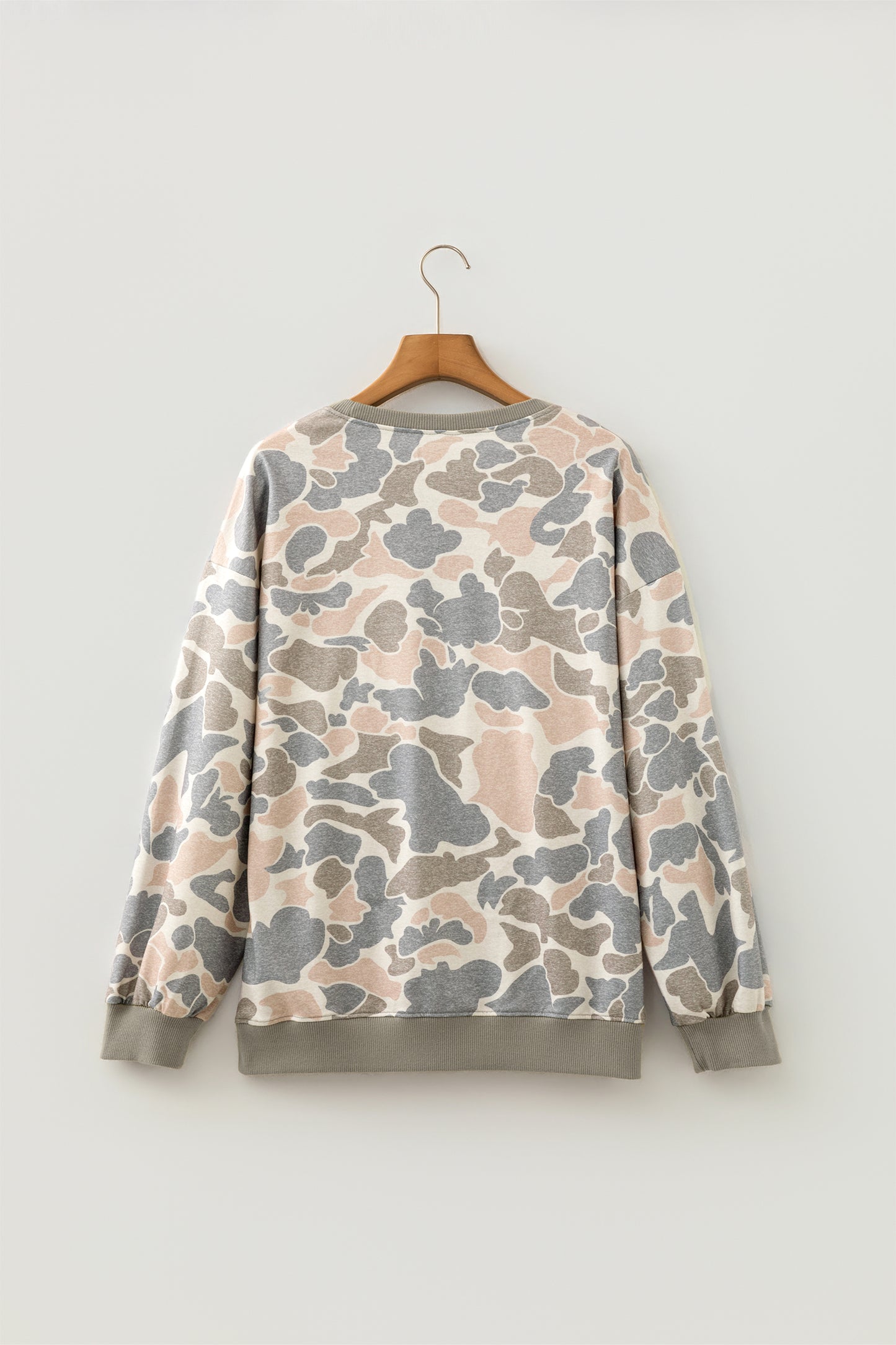 Camo Ribbed Trim Crew Neck Pullover Sweatshirt
