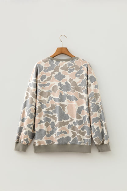 Camo Ribbed Trim Crew Neck Pullover Sweatshirt