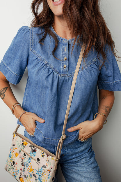 Denim Pleated Half Buttoned Short Sleeve Top