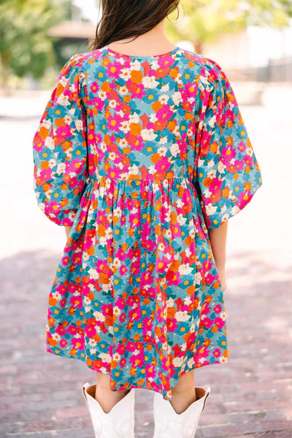 Floral Split Neck Babydoll Dress