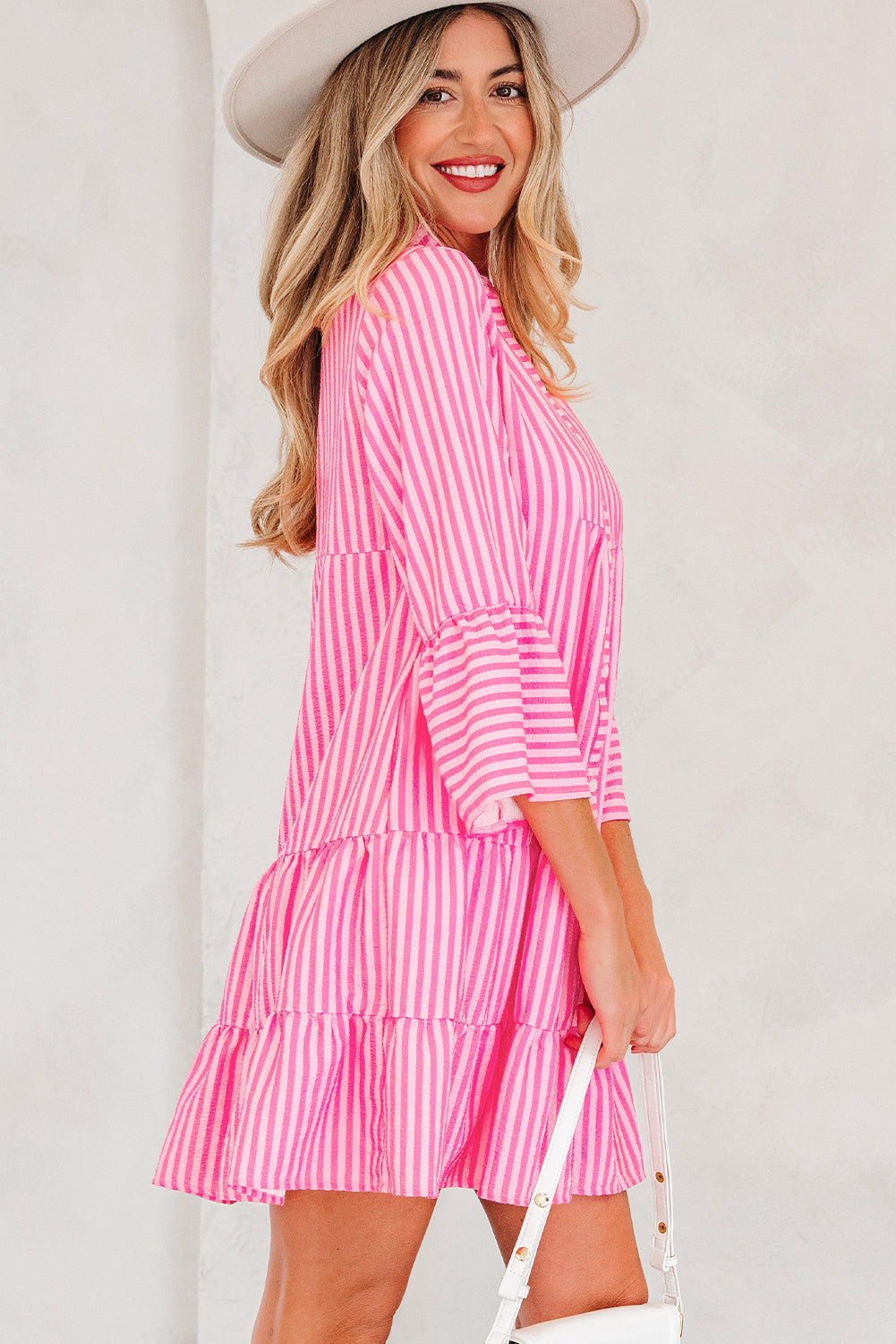 Stripe V-Neck Flare Sleeve Tiered Mini Dress