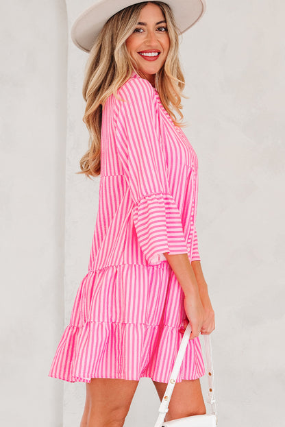 Stripe V-Neck Flare Sleeve Tiered Mini Dress