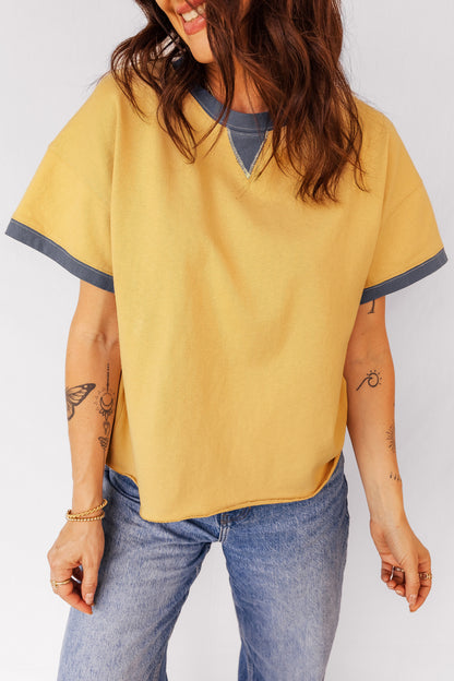 Contrast Trim Raw Hem Short Sleeve Top