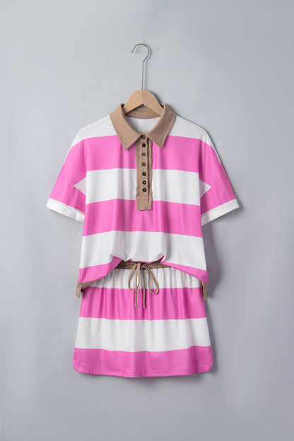 Stripe Raw Edge Polo Tee & Mini Skirt Set