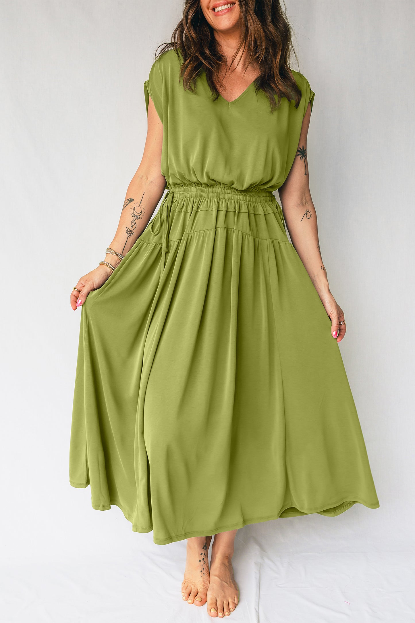 Solid V-Neck Cap Sleeve Elastic Waist Dress