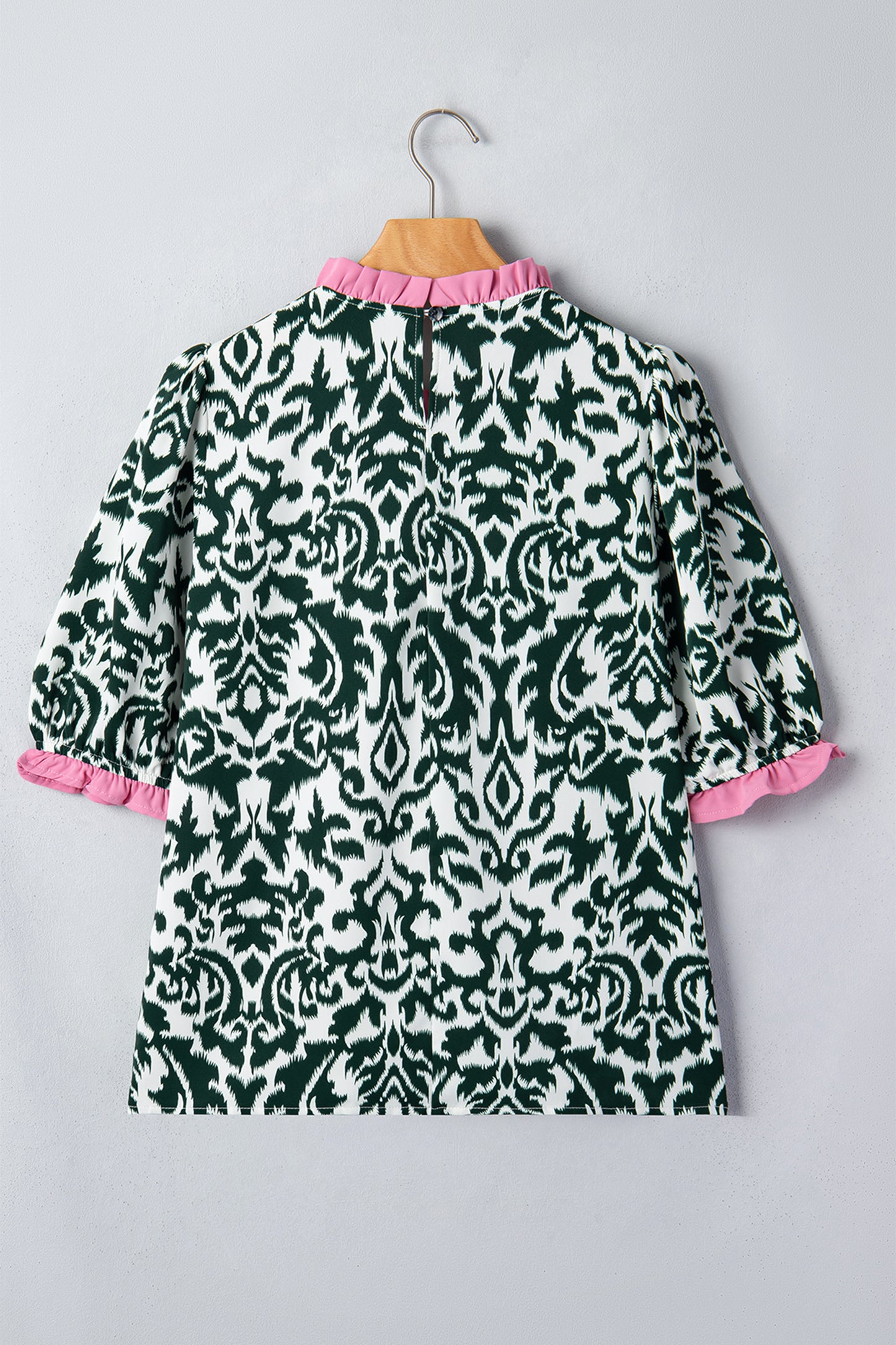 Damask Colorblock Ruffle Trim Short Sleeve Blouse