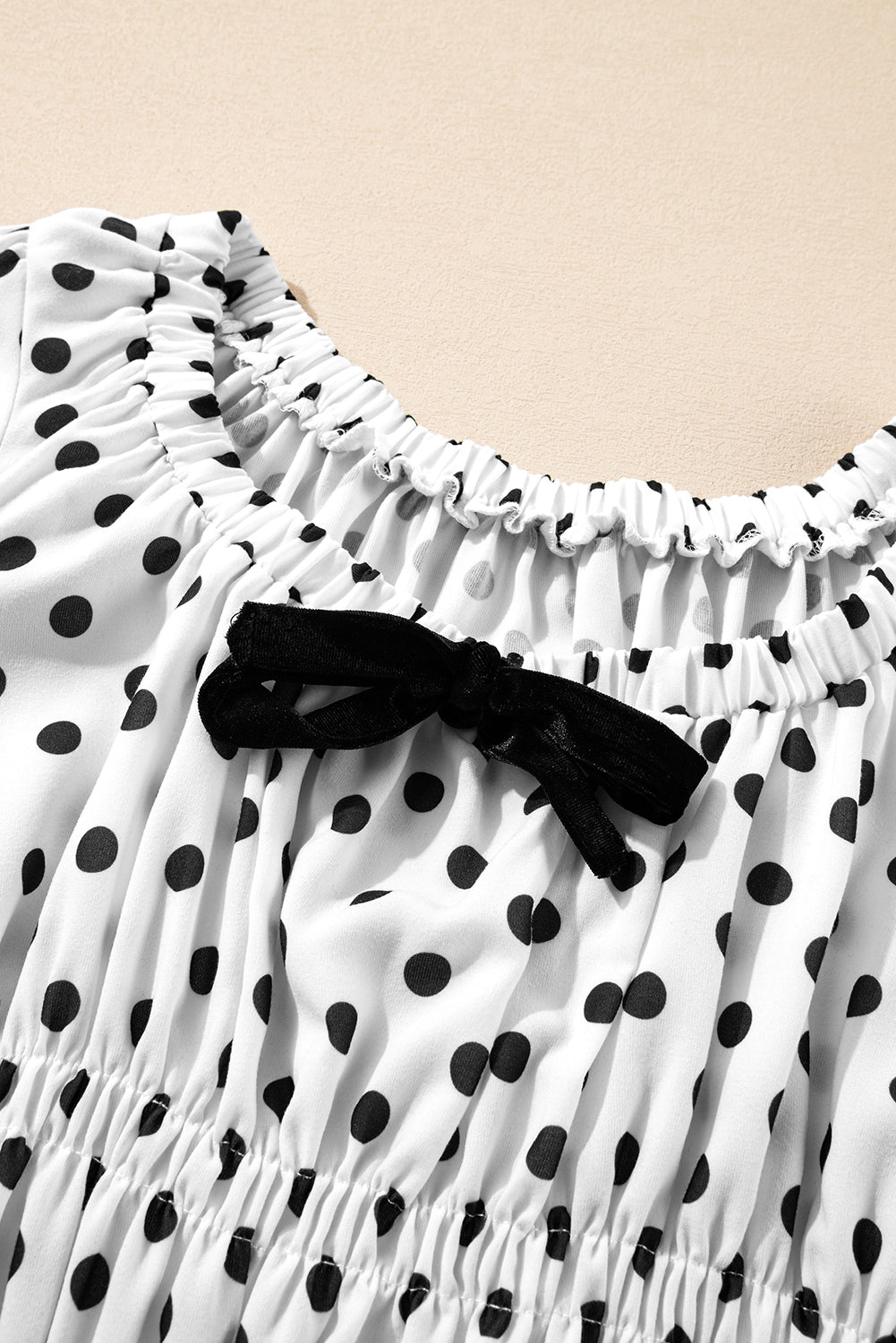 Polka Dot Bow Square Neck Puff Sleeve Top