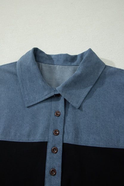 Colorblock Denim Patchwork Polo Collar Top