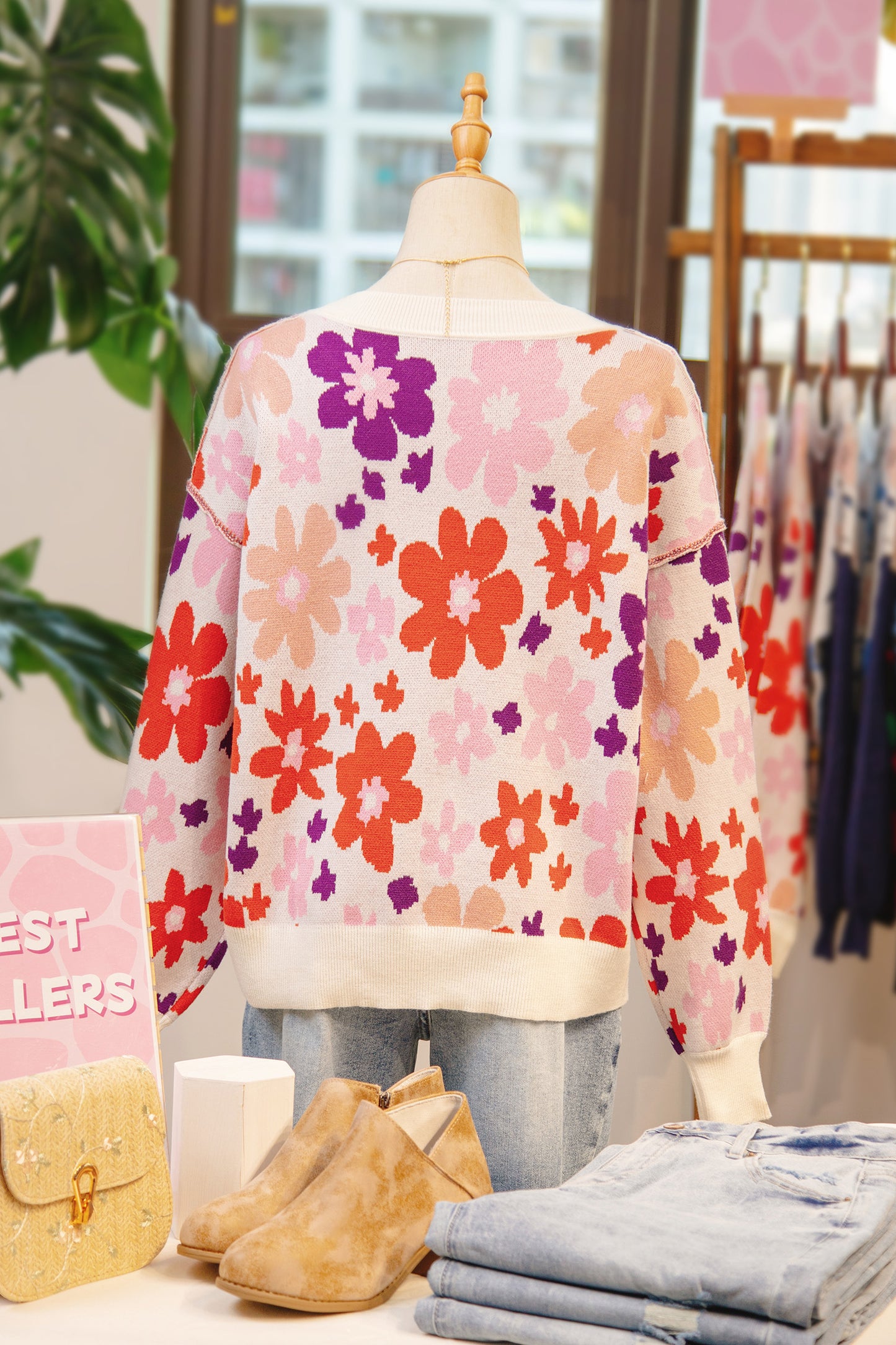 Floral Ribbed Trim Drop Shoulder Sweater