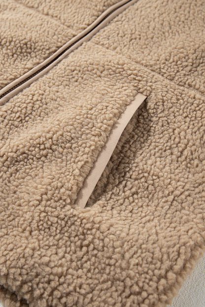 Solid Fleece Zip-Up Drawstring Pocketed Hooded Jacket