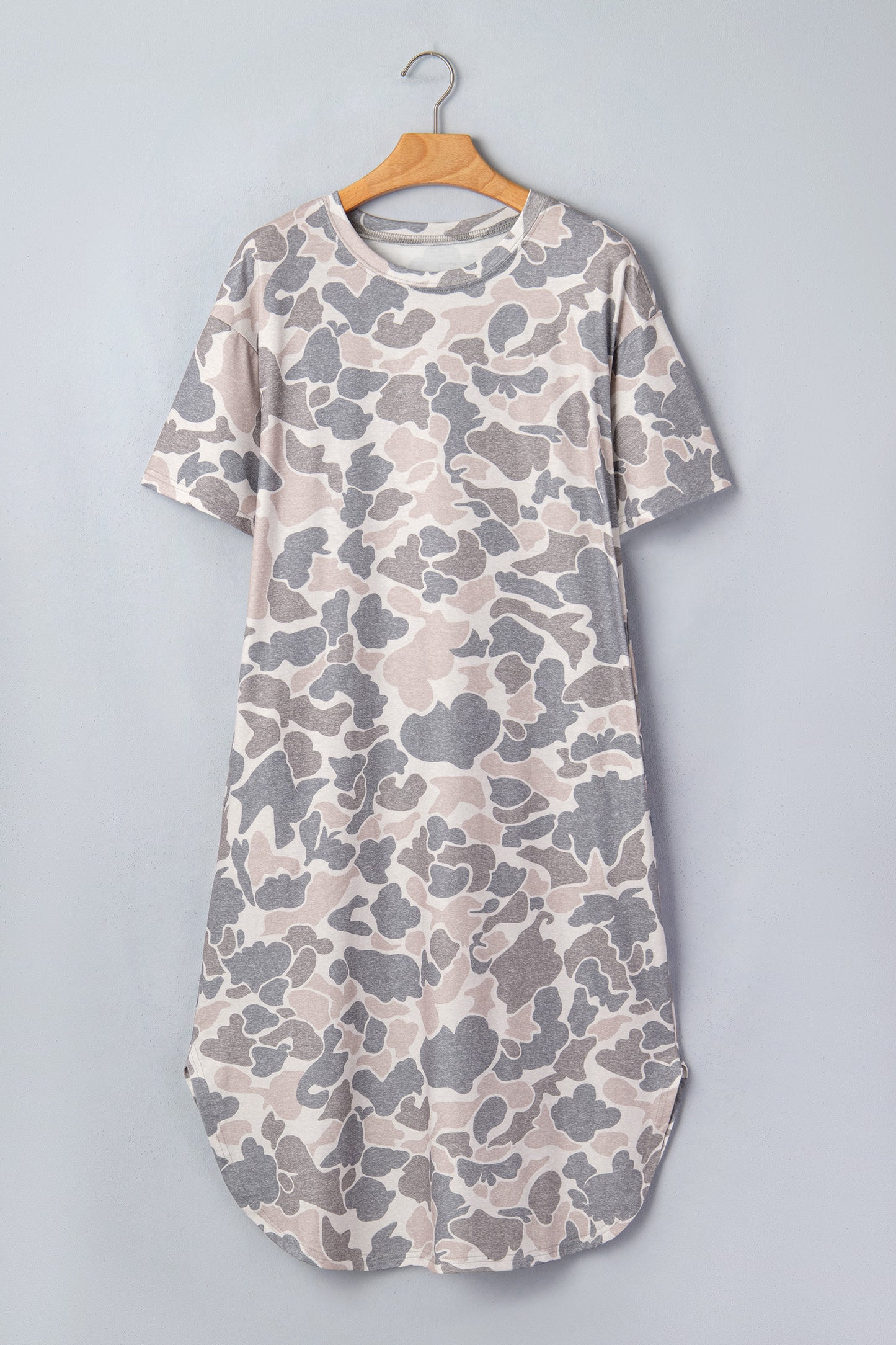 Camo Short Sleeve Drop Shoulder Side Slit Dress
