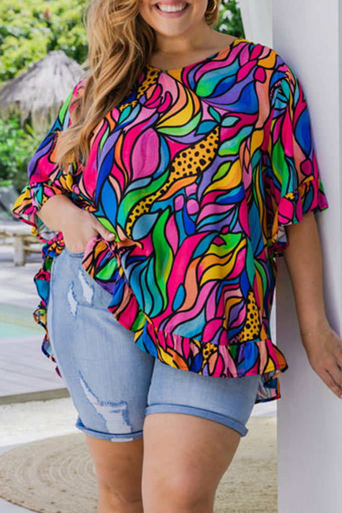 Abstract Ruffle 3/4 Sleeve Blouse Plus Size