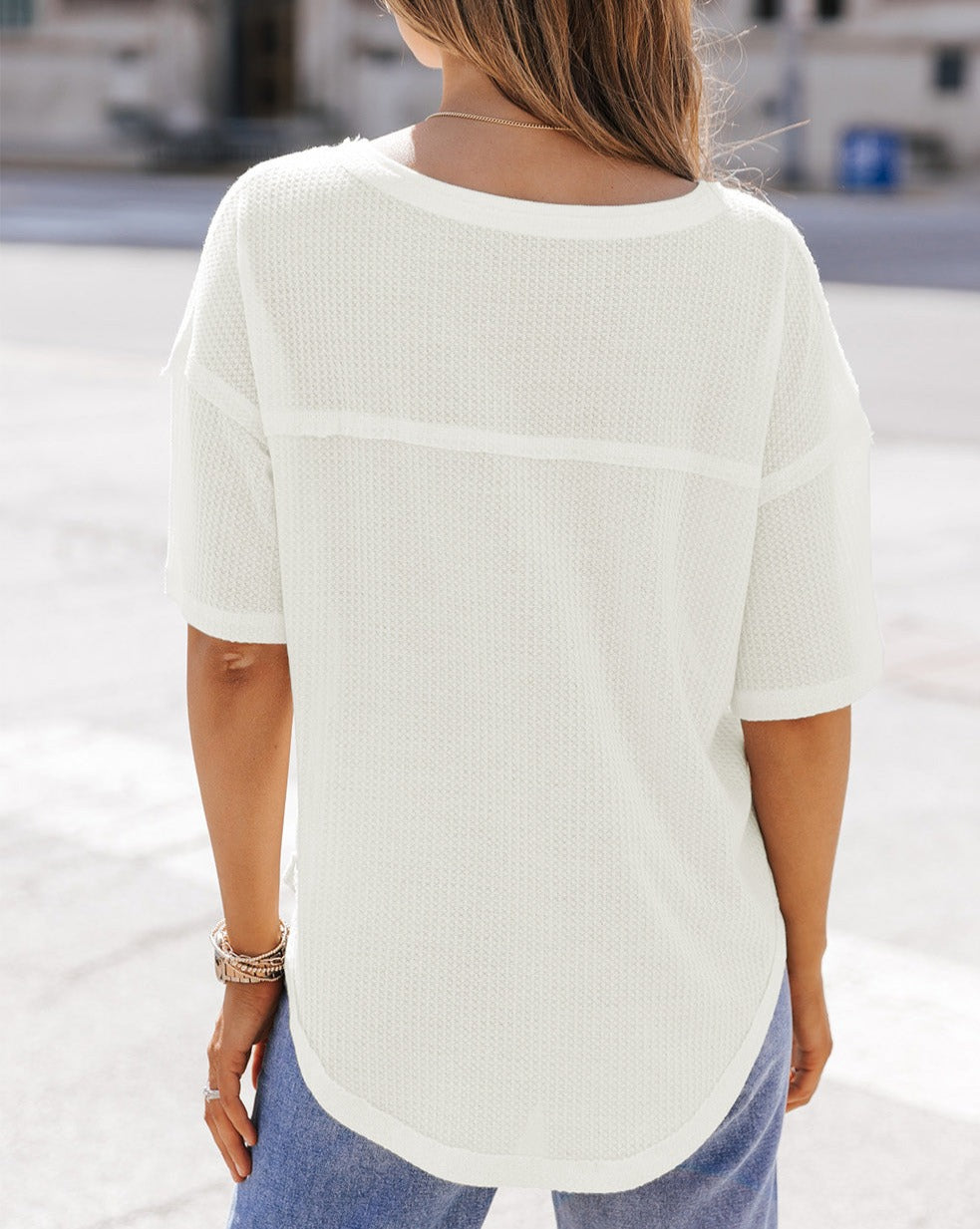 Waffle Drop Shoulder V-Neck Top