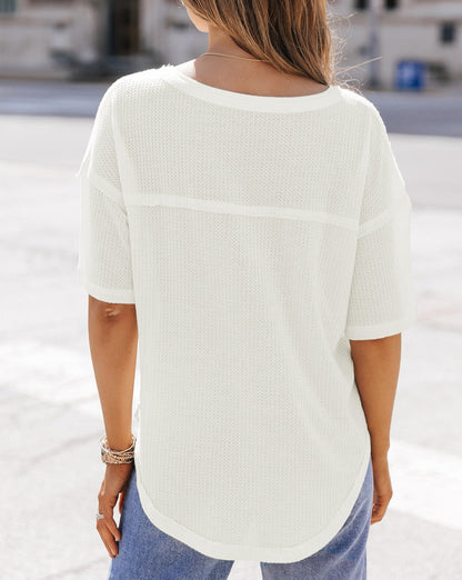 Waffle Drop Shoulder V-Neck Top