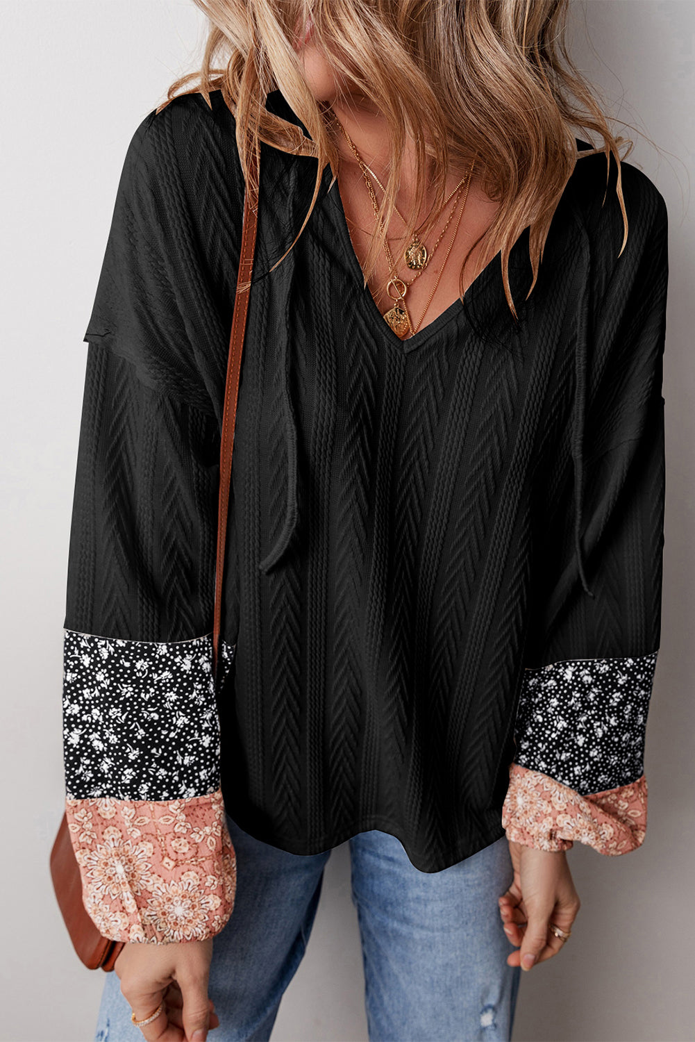 Floral Colorblock Textured V-Neck Blouse