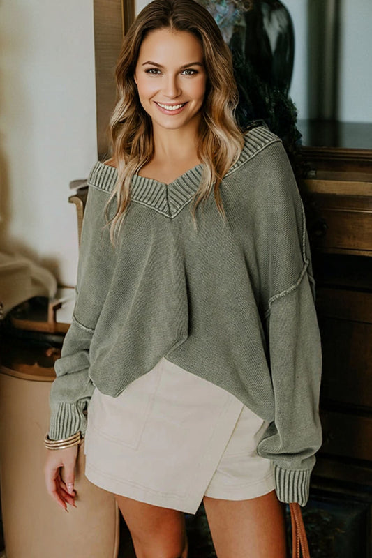 Mineral Wash Reverse Seam V-Neck Drop Shoulder Sweater