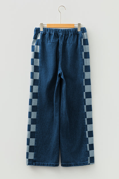 Denim Checker Side Panel Patchwork Drawstring Pants