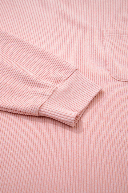 Plus Size Solid Ribbed Reverse Seam Chest Pocket Top