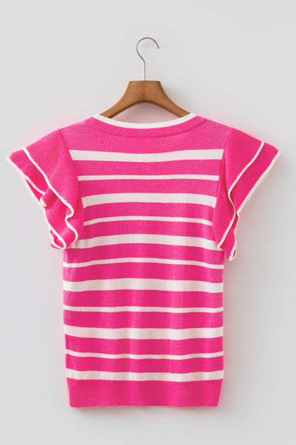 Stripe Ruffle Short Sleeve Knit Sweater