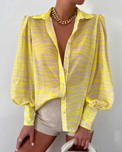 Yellow Zebra Stripes Print Lantern Sleeve Shirt