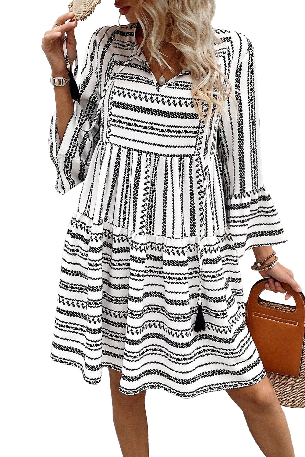 Stripe V-Neck Bell Sleeve Mini Dress