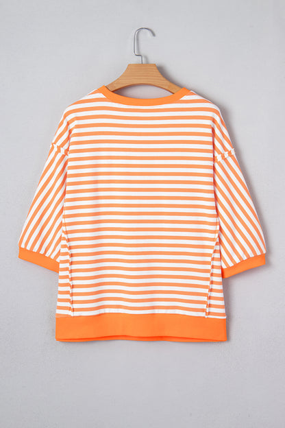 Stripe 3/4 Sleeve Exposed Seam Pullover Top