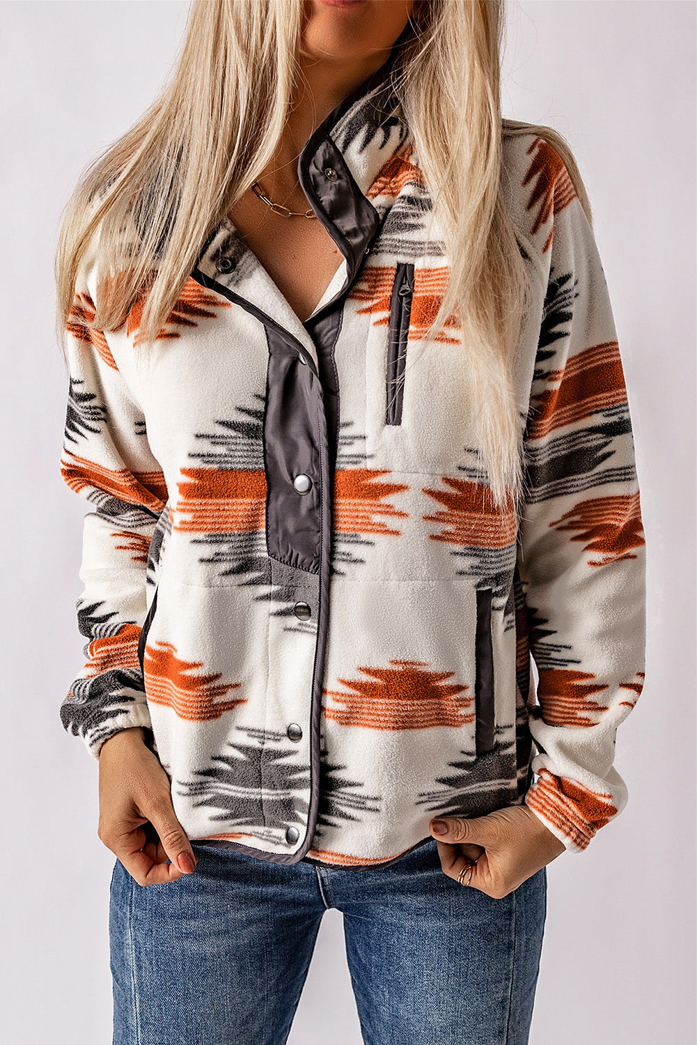 Aztec Fleece Snap Buttoned Jacket