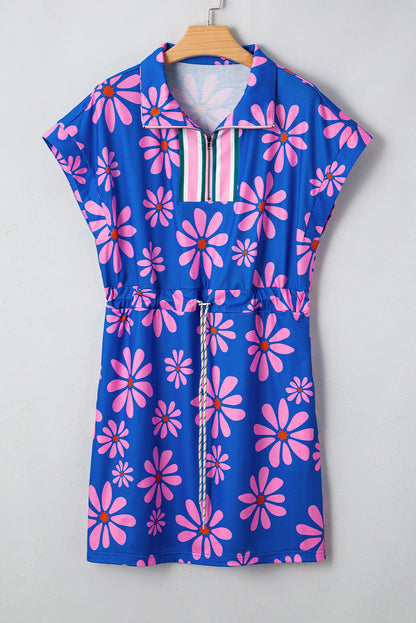 Floral Stripe Quarter-Zip Cap Sleeve Mini Dress