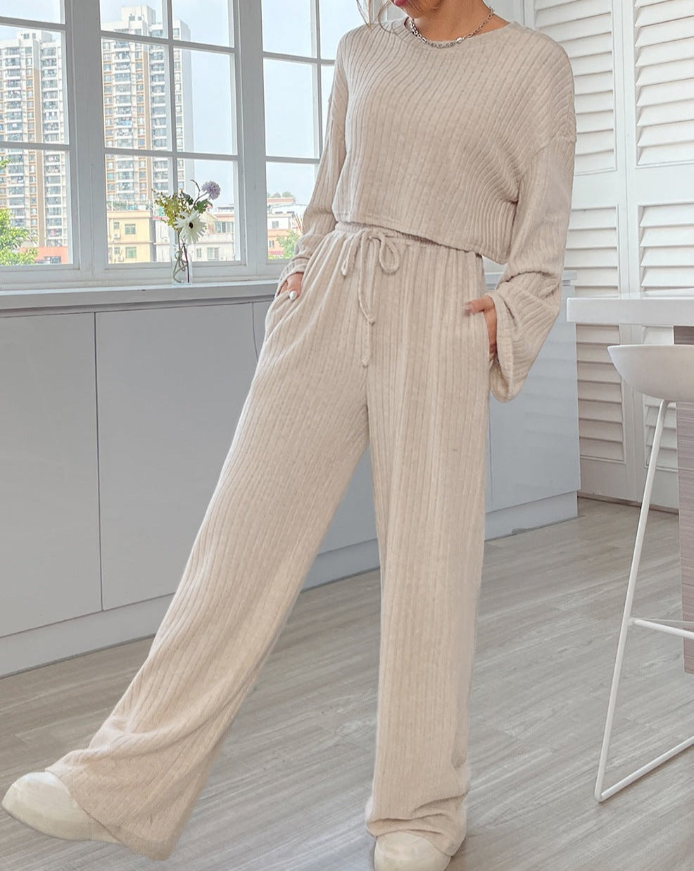 Ribbed Crop Top and Drawstring Pants Set