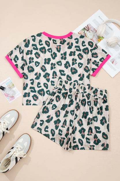 Leopard Contrast Trim Top & High Waist Shorts Set