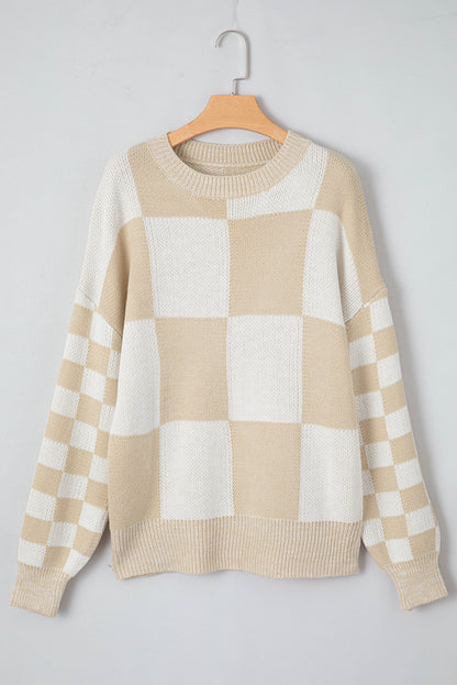 Checker Patchwork Ribbed Trim Sweater