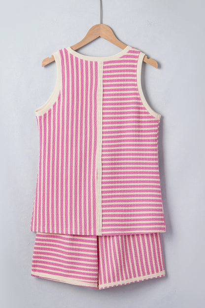 Stripe Contrast Trim Textured Tank & Shorts Set